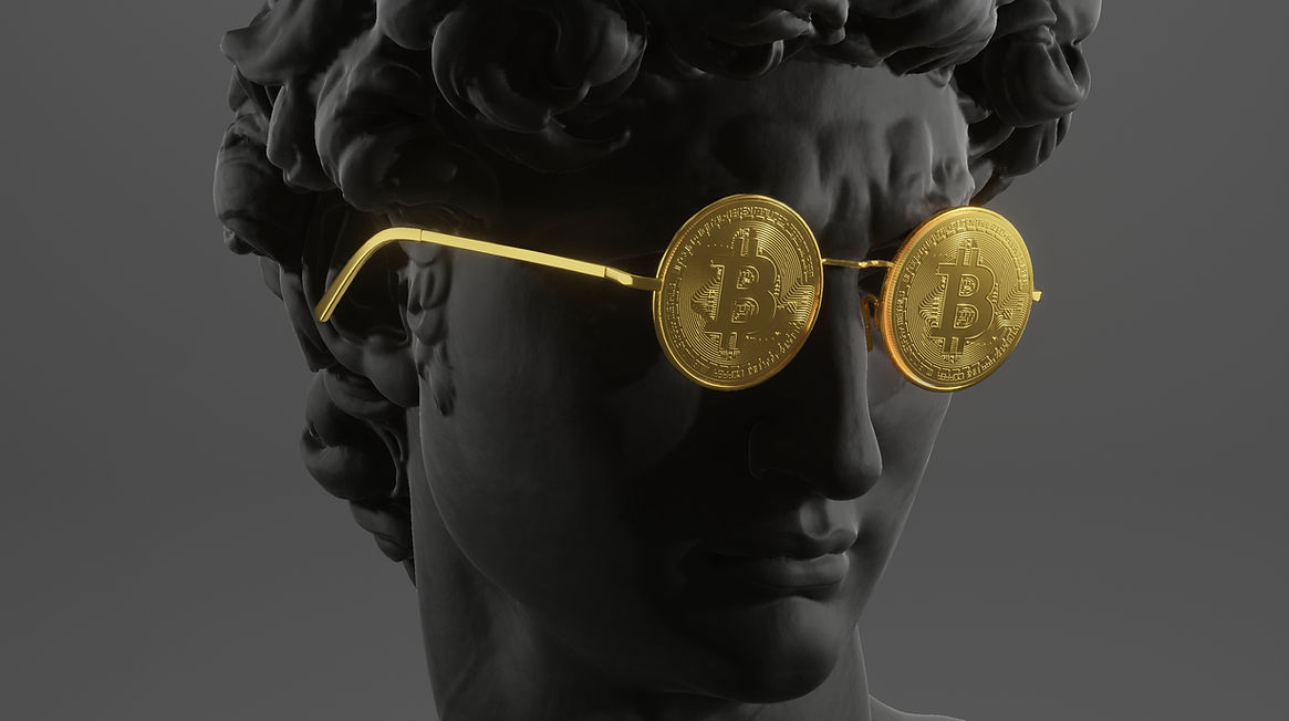 Statue avec des lunettes de bitcoin