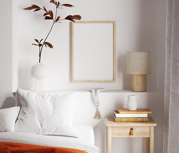 Image of a clean, serene bedroom in white and light beige colors, symbolizing hygiene