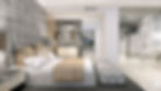 Luxury hotel like bedroom interior with large bed, seat, and terrace. expensive marble wall