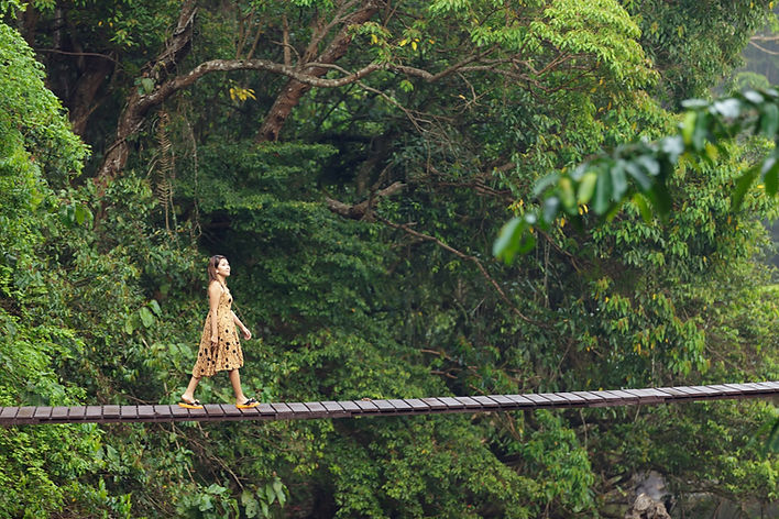 A woman walking on a bridge
