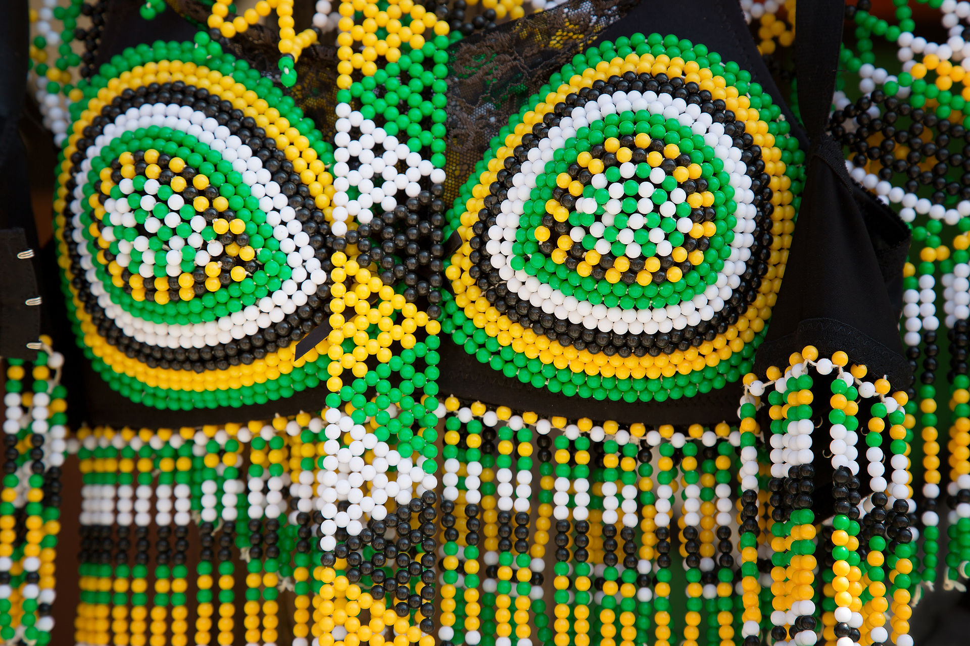 This South African tribal dress is intricately adorned with detailed beadwork.