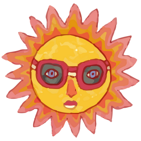 Illustrated sun wearing sunglasses representing sun exposure, skin awareness, and hormonal changes