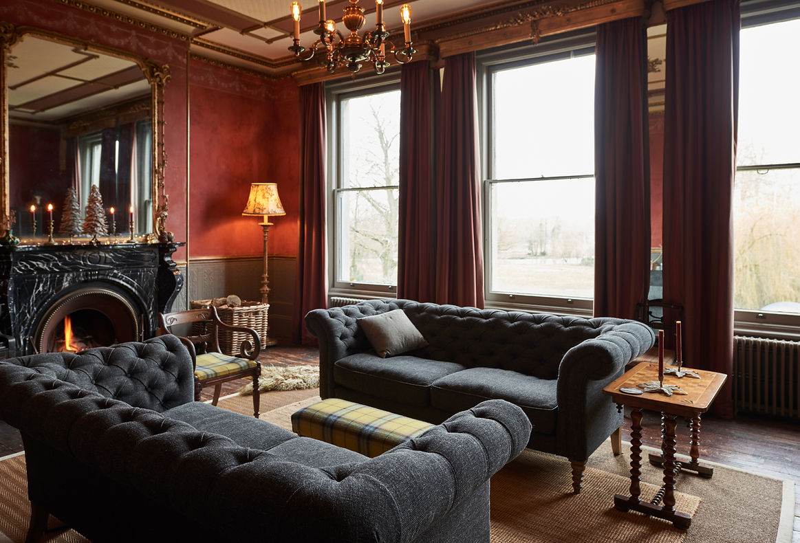 Luxury living room with marble fireplace