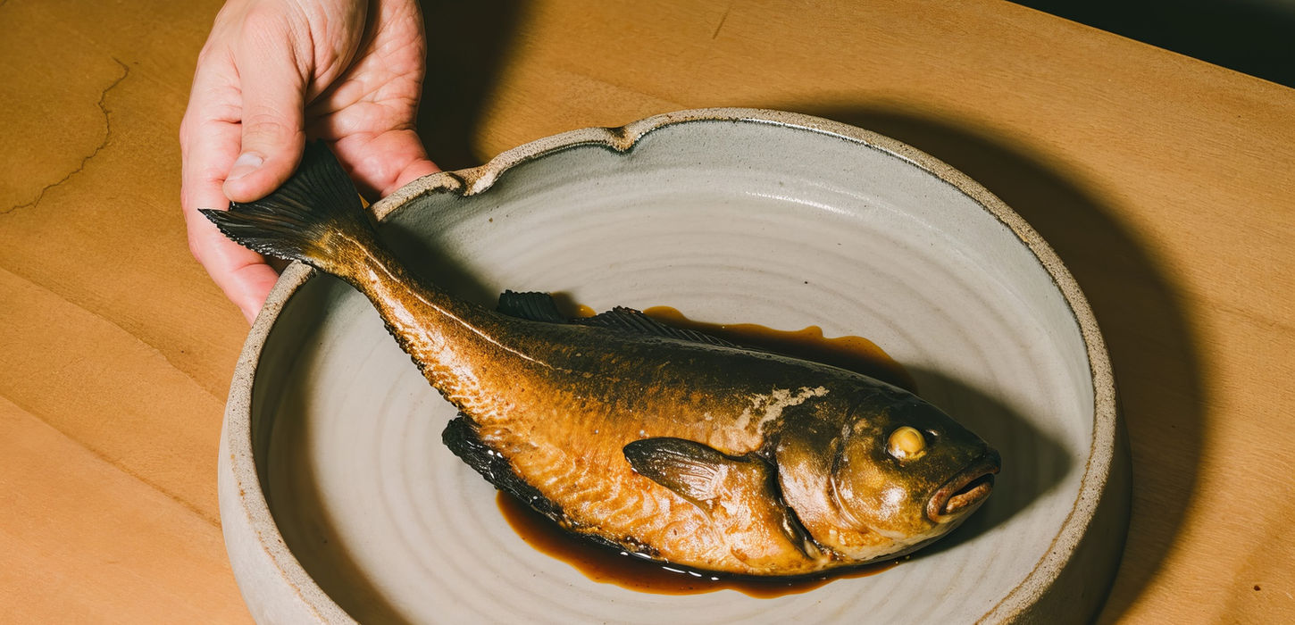 A whole cooked fish in sauce served on a round plate.