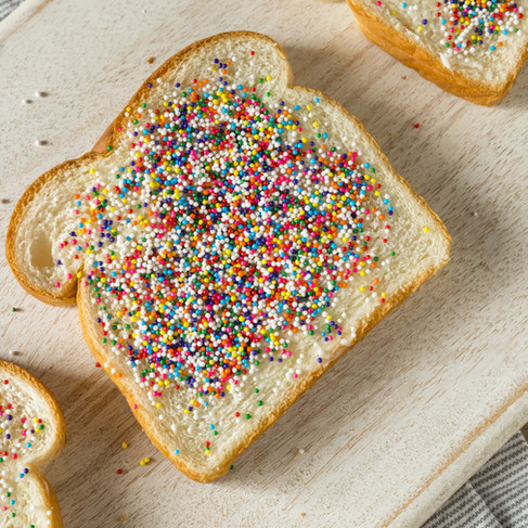 Fairy Bread Lamingtons", Australian lamingtons covered with pieces of coloured fairy bread