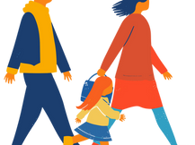 Illustration of a family walking together, with a mother holding her young daughter's hand and a father walking beside them, all dressed in colorful clothing.