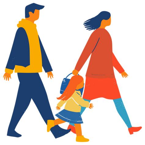 Illustration of a family walking together, with a mother holding her young daughter's hand and a father walking beside them, all dressed in colorful clothing.