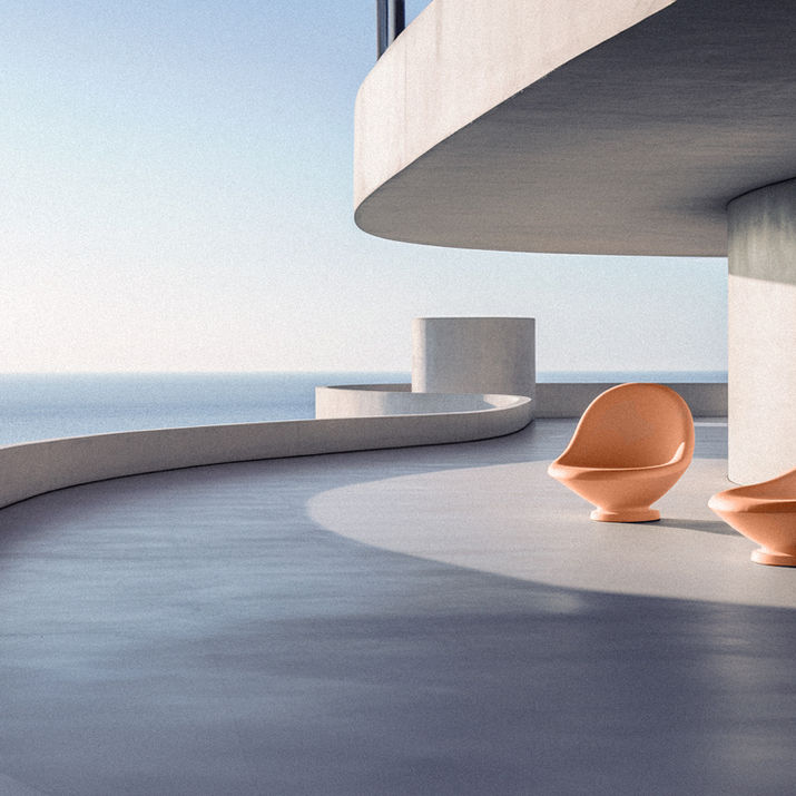 Two orange chairs on a balcony overlooking the ocean, scenic view.
