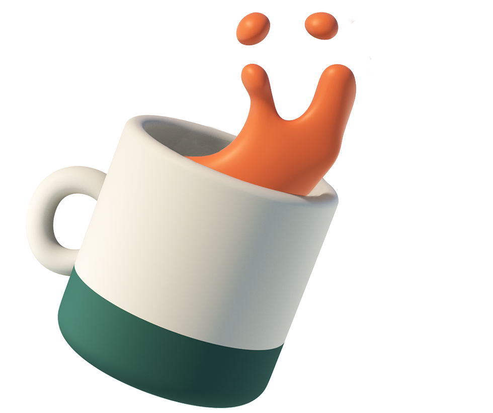 Tasse de café 3D avec café renversé formant un sourire—la touche humaine dans un monde d’intelligence artificielle