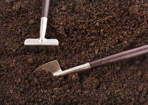 gardening tools in soil surface top view background