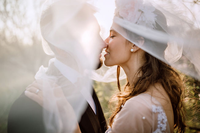 Romantic wedding couple kiss