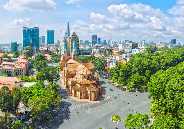 A view of the Notre-Dame Cathedral Basilica of Saigon from afar