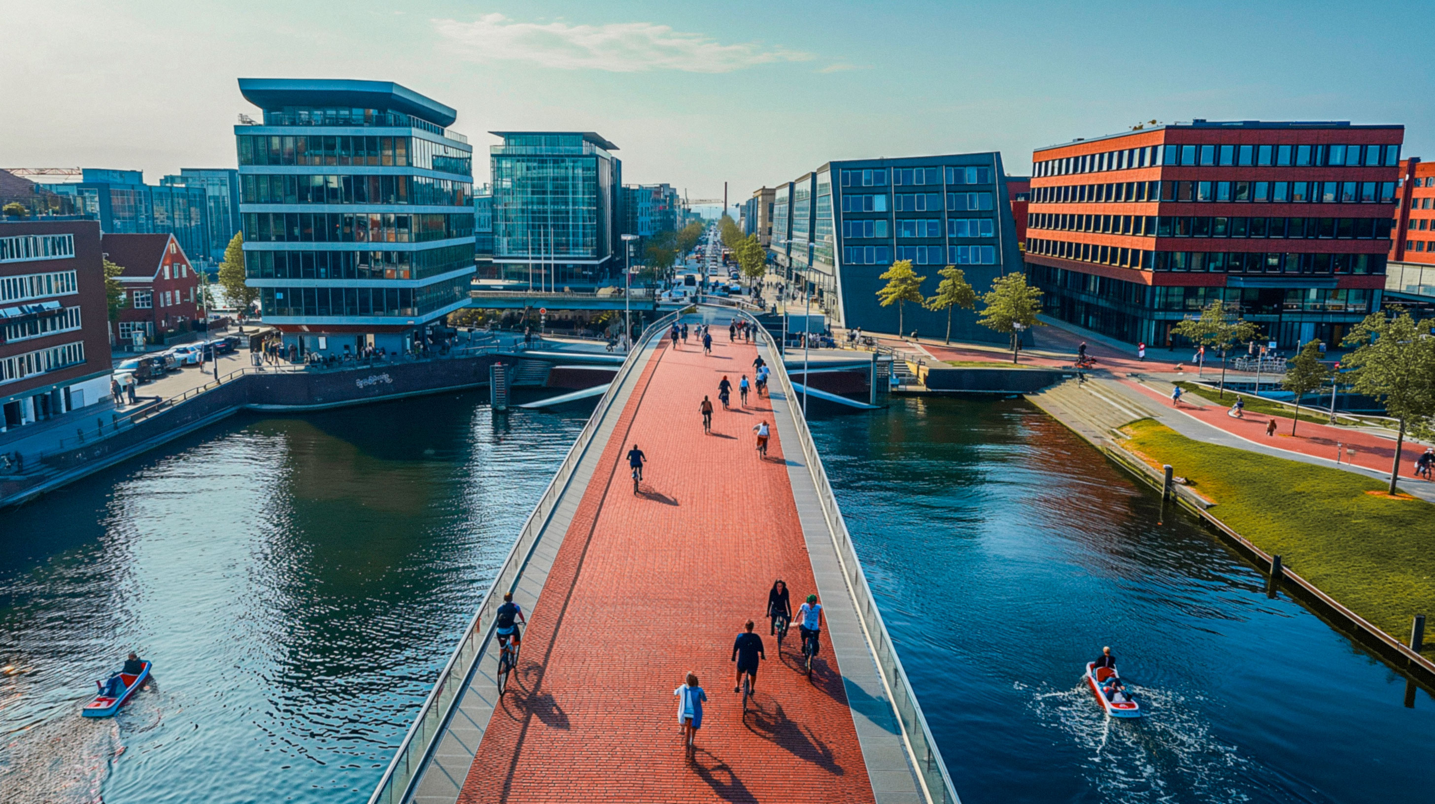 A prominent transit station and shopping area located on the Inner Alster Lake shore.