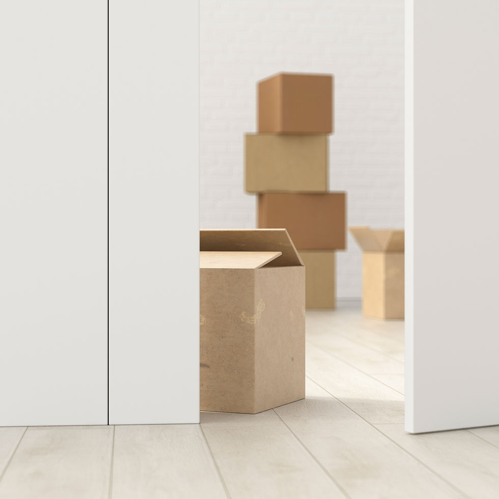 A stack of cardboard boxes visible through an open doorway in a bright, white room