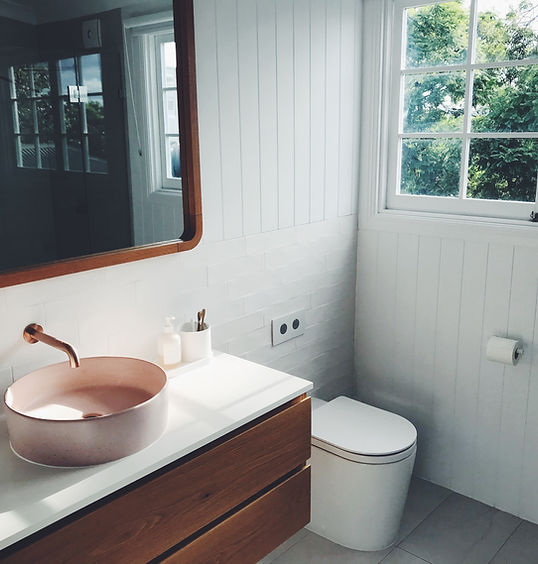 Bathroom showing a sink, mirror and a plant in the window.