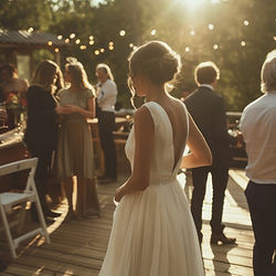 Bride and guests at outdoor wedding reception