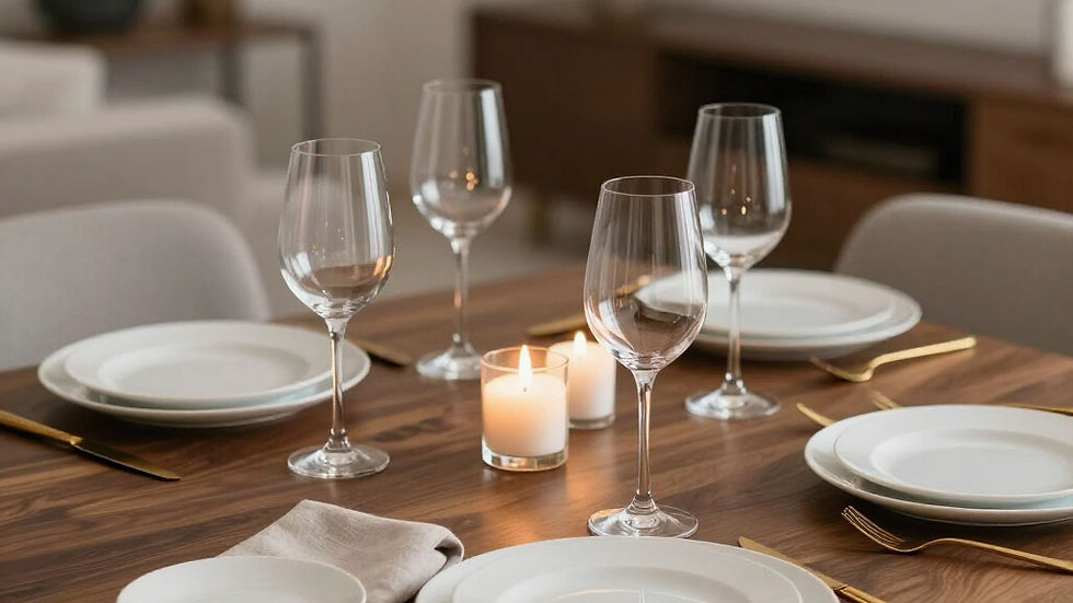 Your table at home set with the good plates, wine glasses and candles to simulate fine dining in a restaurant. On a budget!