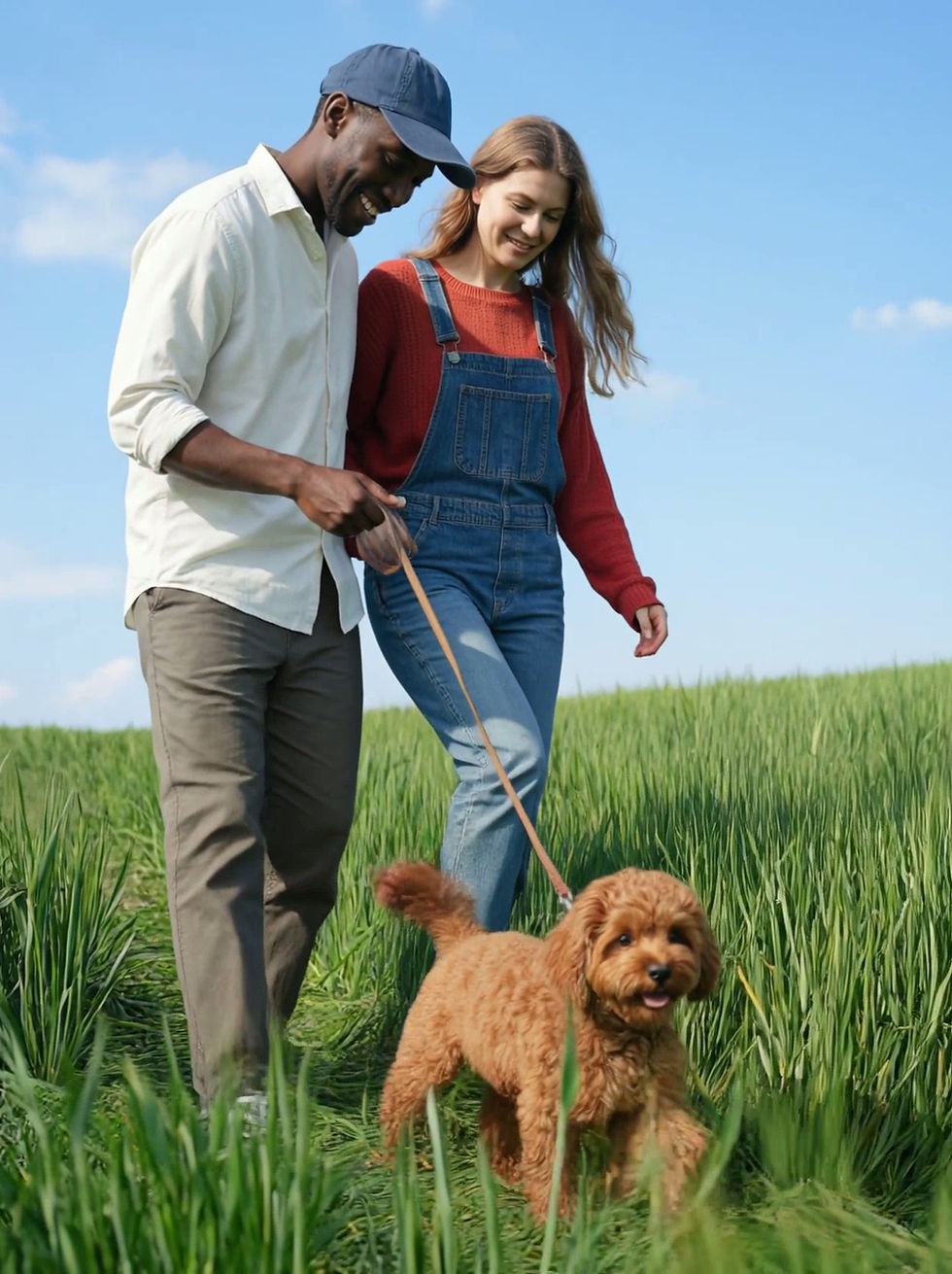 Couple Walking a Dog