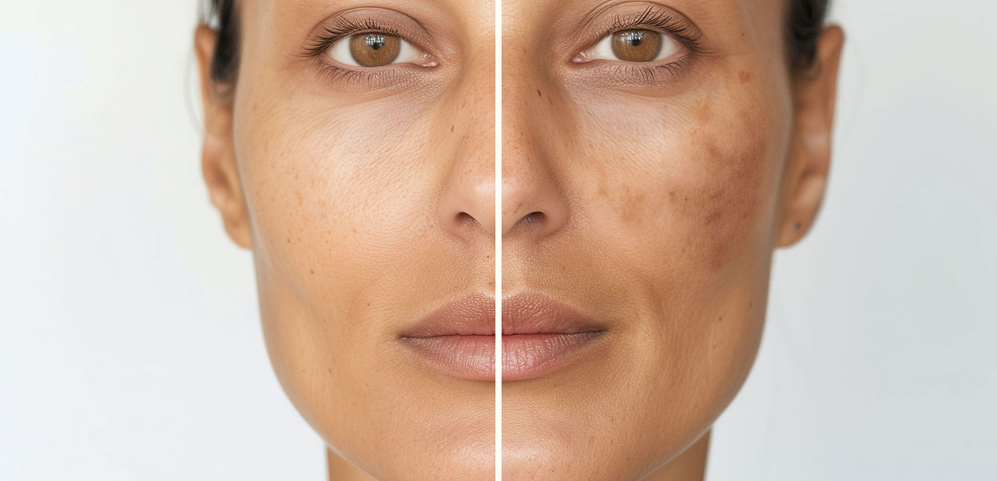 Split face with hyperpigmentation and clear skin