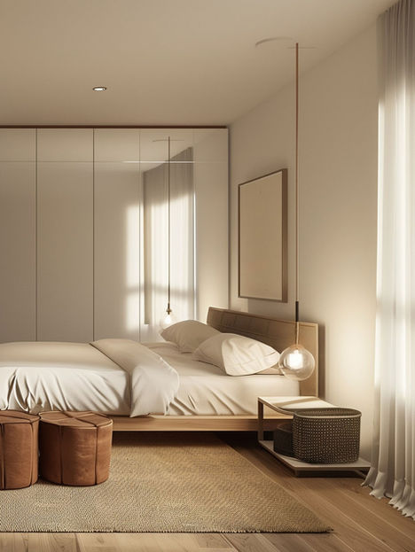 chambre couleur brun, marron et blanc, avec un grand lit une armoir sans porte moderne l'ensemble est épuré.
