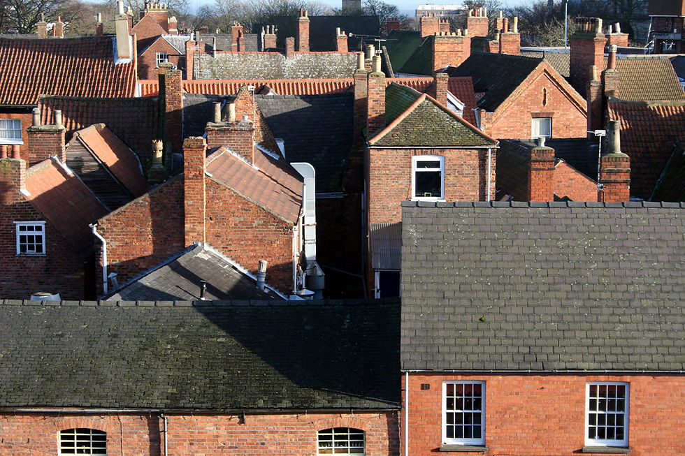 Aerial view of closely packed residential roofs and chimneys