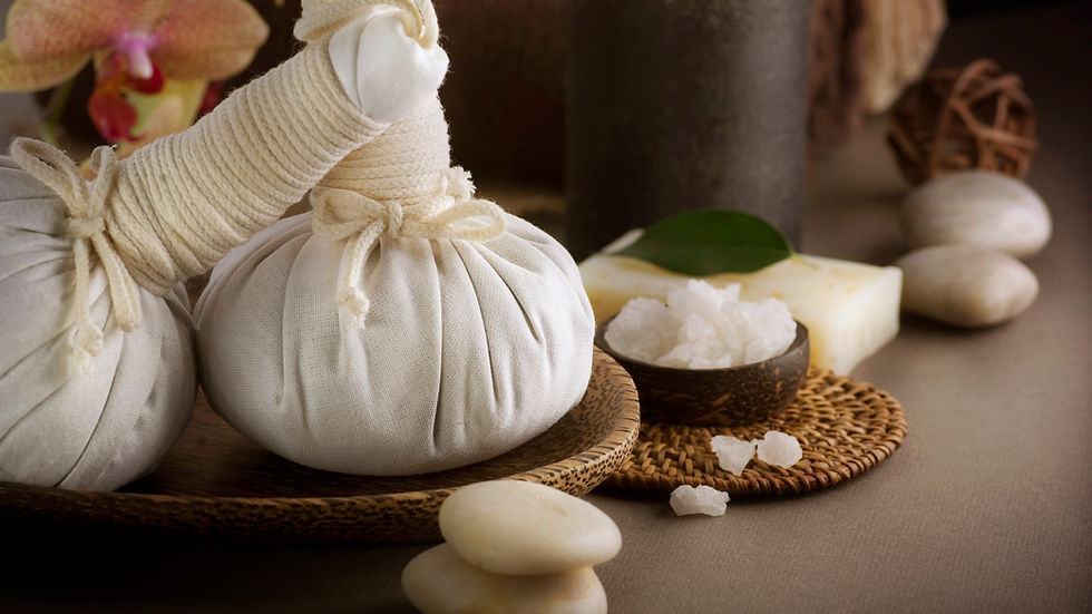 Spa tools such as stones, salts, and herbal compresses