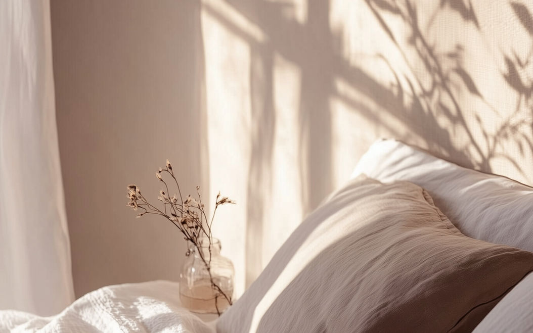 Cozy bedroom with the sun casting morning shadows on the wall and bed