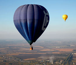 Blue and yellow hot air balloons soaring over a rural landscape.