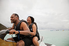 Mindfully happy older Couple on Jetski