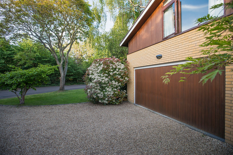 House driveway next to green trees and a garage door