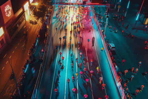 People running on a colorfully-lit street at night