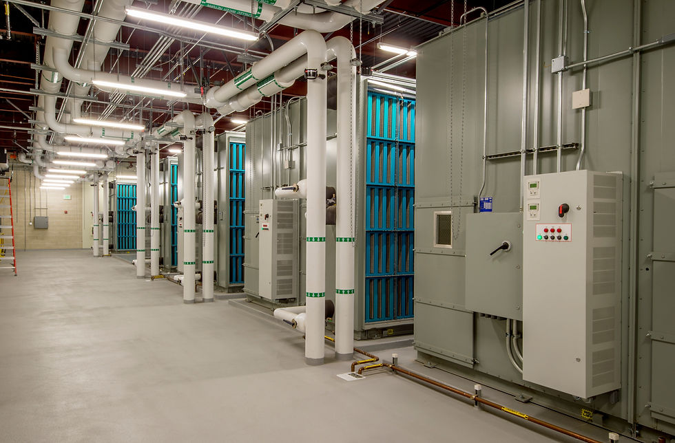 A row of filter cabinets for the HVAC system in a large industrial building