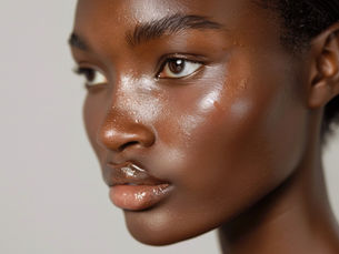Close-up of a person with glossy skin, neutral expression, and shiny lips. Plain background enhances the focus on the facial features.