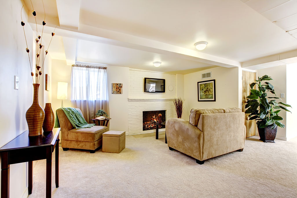interior of a room with fireplace and television