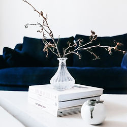 Navy velvet sofa with white coffee table in front, and stack of white books with clear glass vase and stems on top of table.