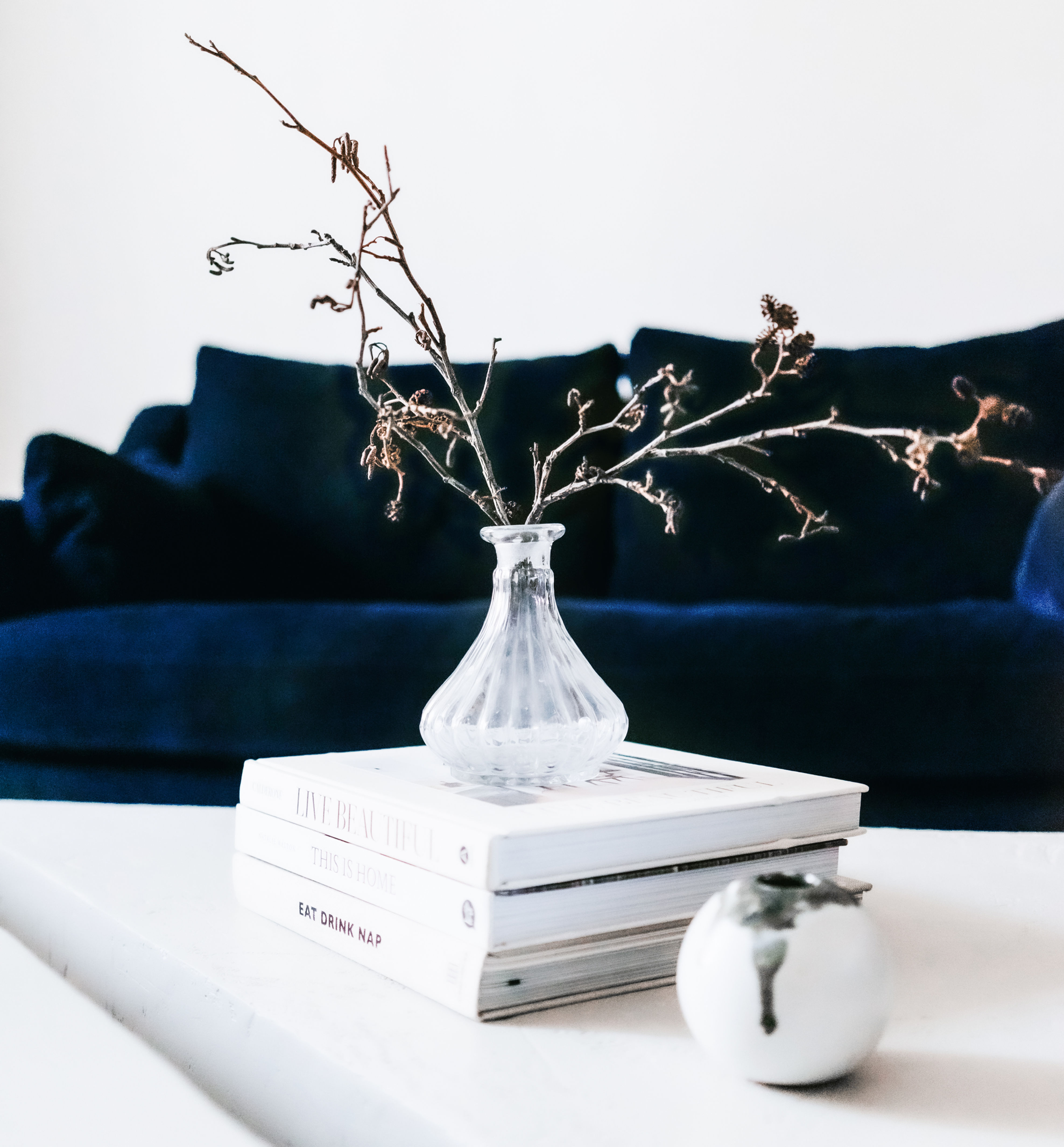 Navy velvet sofa with white coffee table in front, and stack of white books with clear glass vase and stems on top of table.