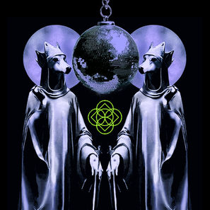 Robe-clad dog-headed figures holding staffs face each other under a hanging disco ball. Neon green geometric pattern below, purple circles behind.