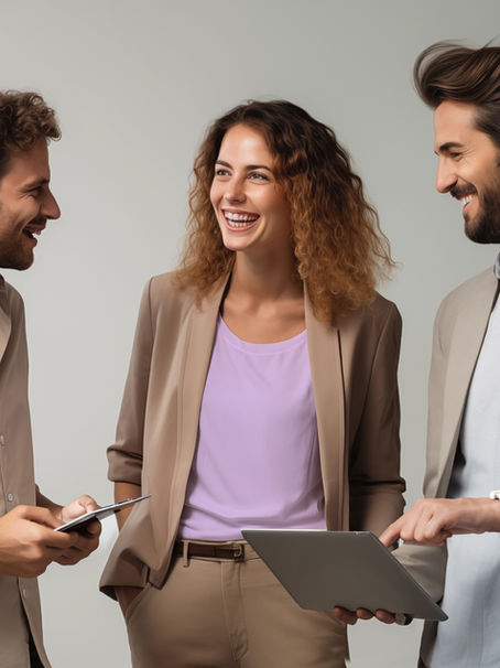 Dos hombres y una mujer charlando. Uno de los hombres sostiene una laptop