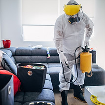 One man, man in protective suit disinfecting living room at home alone