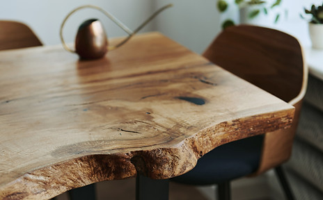 Live edge wooden dining table and chair