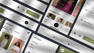 E-commerce app interface with product images, shopping features, and category options.