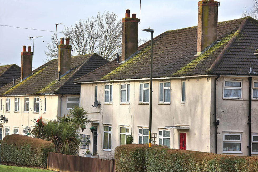 Row of terraced houses with mossy dark tiled roofs and chimneys