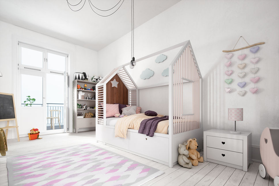House frame wooden bed in a children room with bespoke white storage