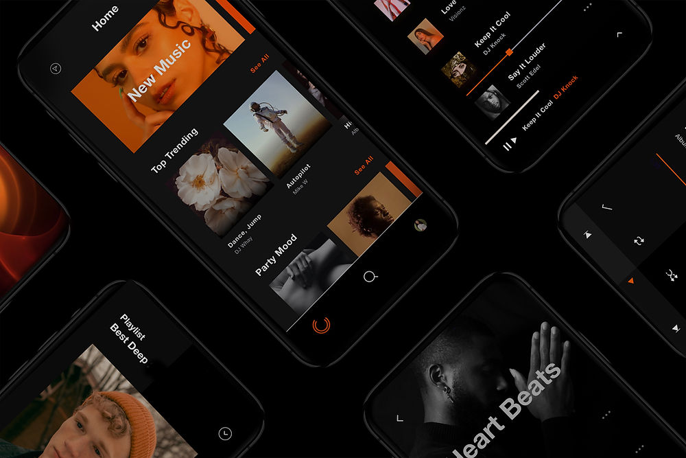 Smartphones displaying a music app interface