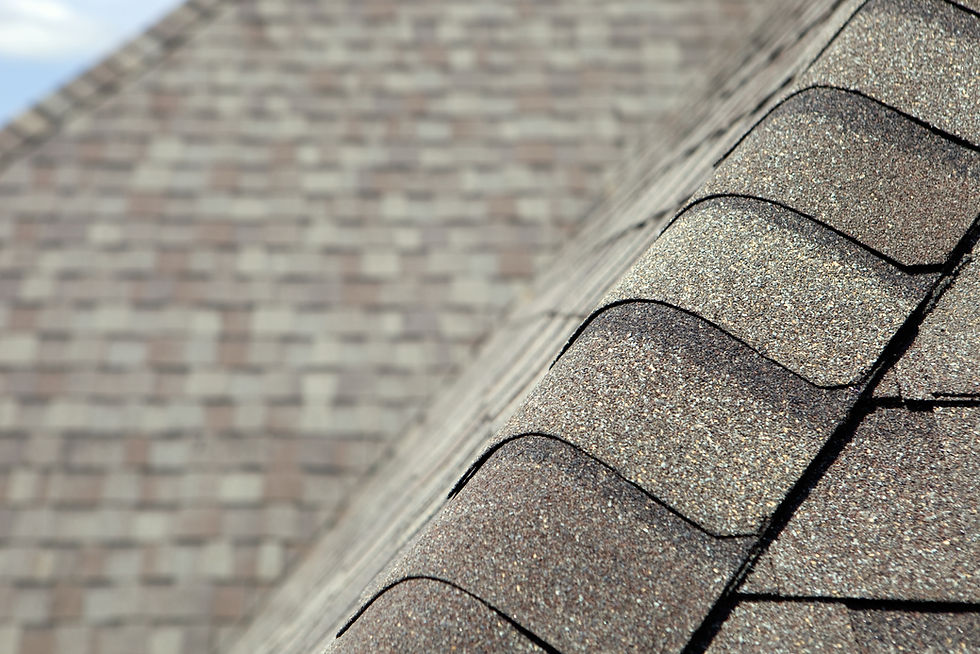 Close-up of gray asphalt shingles along a roof ridge