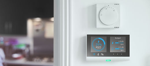 Smart meter on the wall of home interior showing current energy costs