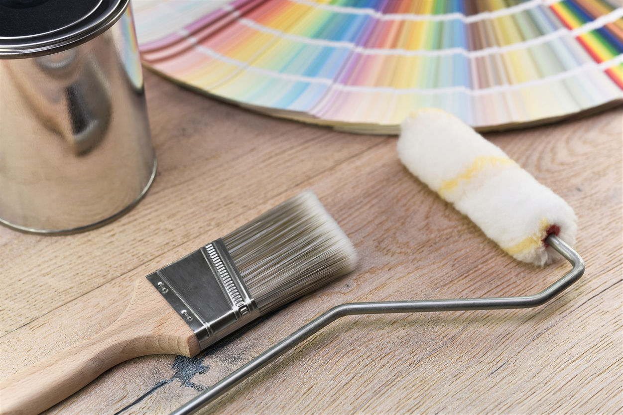 Paint bucket with paint brush, roller, palette color and paint can