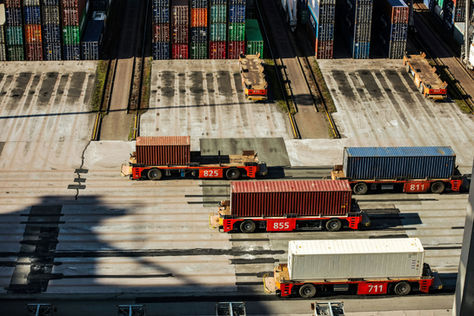 Container yard with trucks loaded