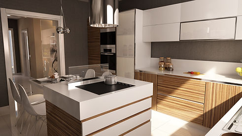 Modern kitchen interior with central island, white worktops, wooden cabinets, and built-in appliances UK