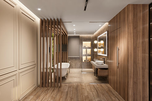 Luxury hotel interior with wooden walls and bathroom in the background